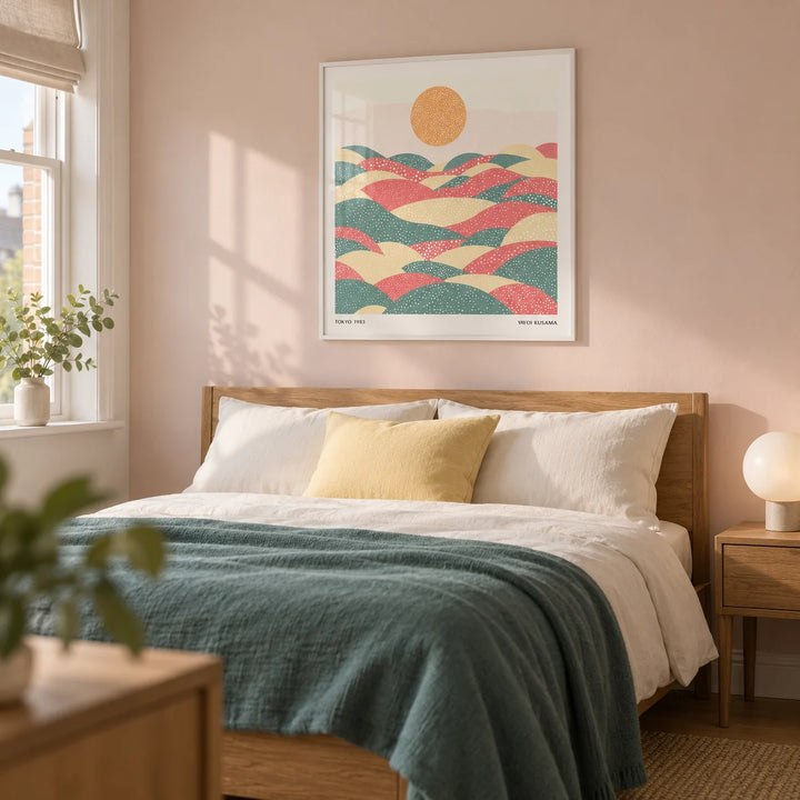 Pastel Abstract Artwork, framed on the wall of a calm contemporary bedroom in a UK terraced home with a pale blush wall