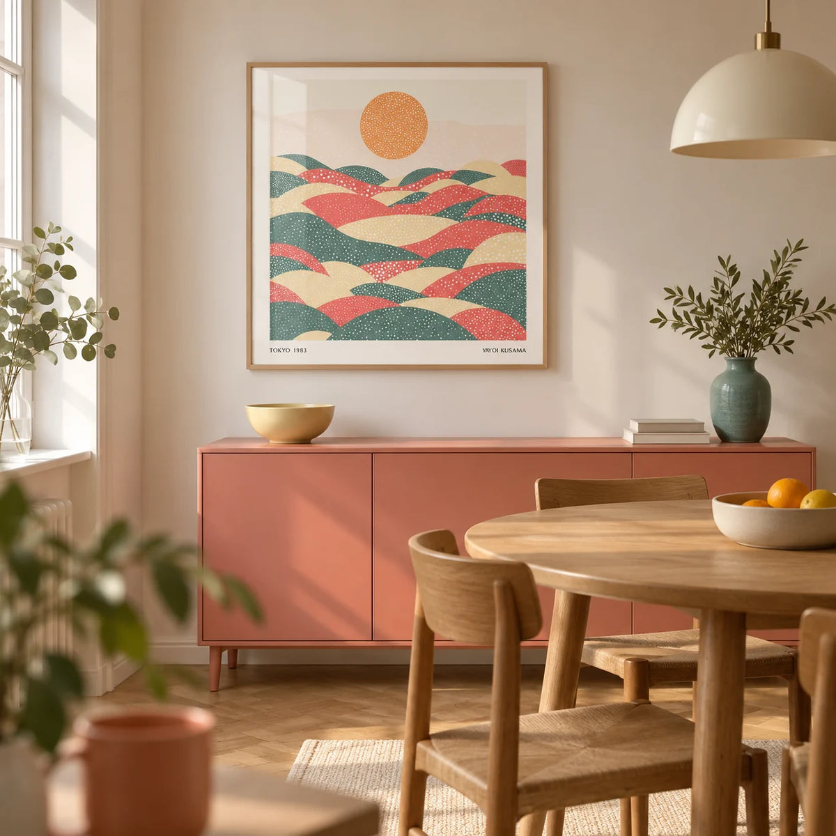 Pastel Abstract Artwork, framed on the wall of a compact modern dining room in a UK city flat with warm white walls