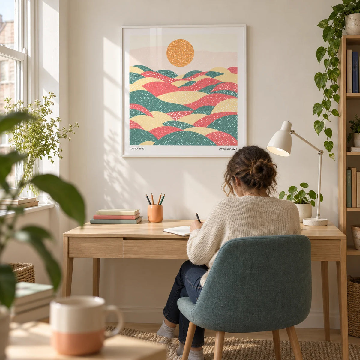 Pastel Abstract Artwork, framed on the wall of a light home study in a UK flat for a creative adult (25-40)