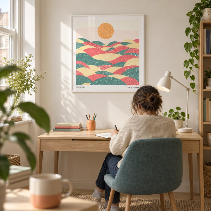 Pastel Abstract Artwork, framed on the wall of a light home study in a UK flat for a creative adult (25-40)