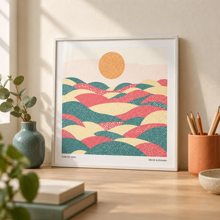 Pastel Abstract Artwork, a small A4 framed print leaning on a pale oak desk