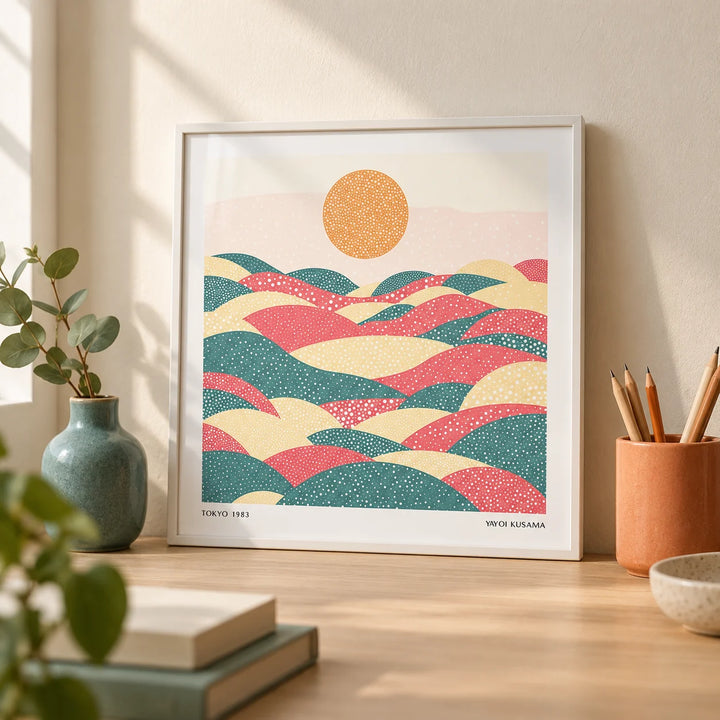 Pastel Abstract Artwork, a small A4 framed print leaning on a pale oak desk