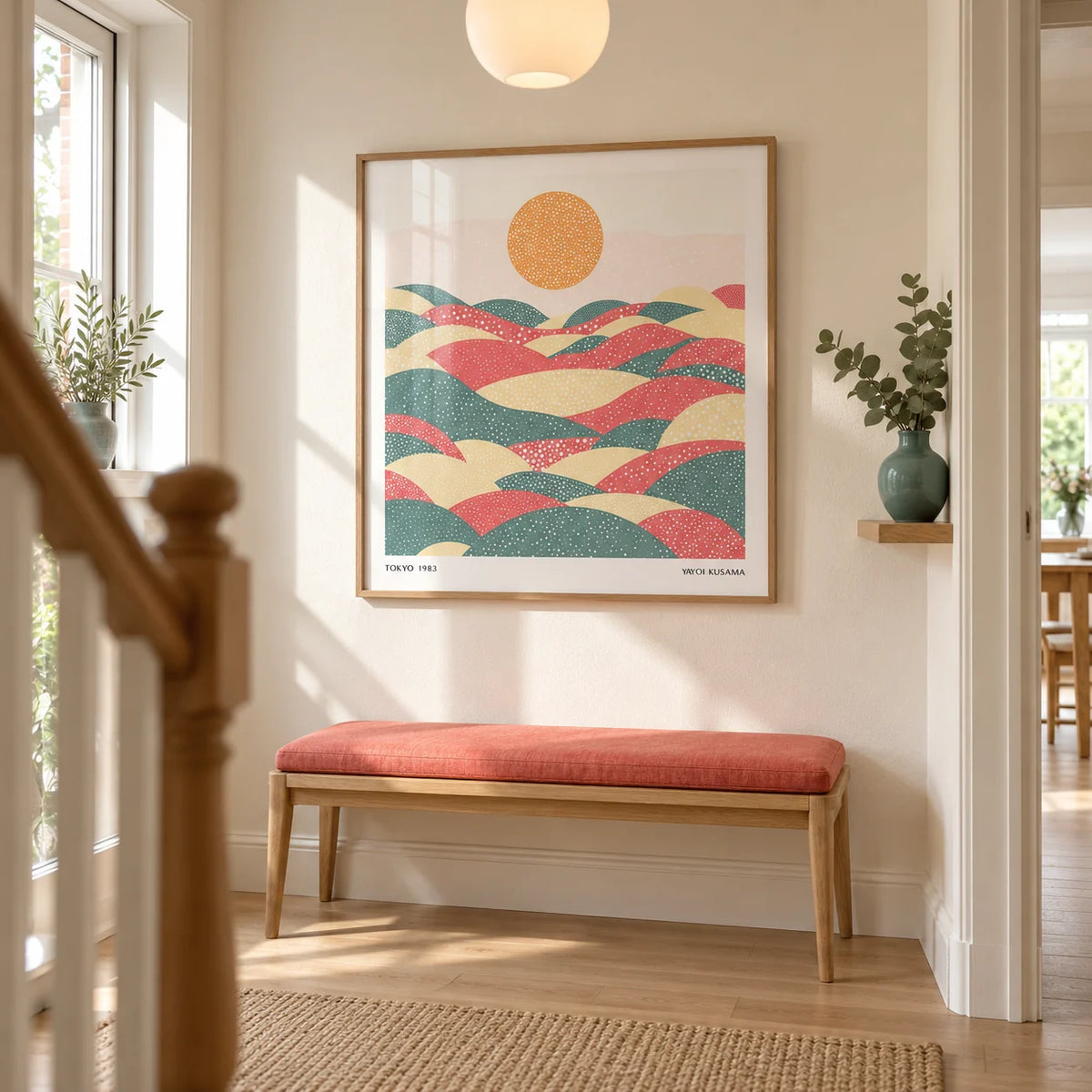 Pastel Abstract Artwork, framed on the wall of a welcoming hallway in a renovated UK terrace with an ivory wall and pale oak flooring