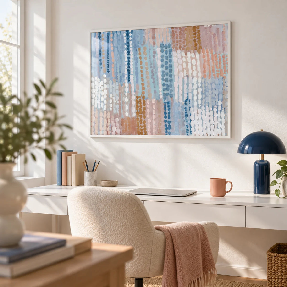 Pastel Blue And Pink Abstract Prints, framed on the wall of a bright home office with a white wall