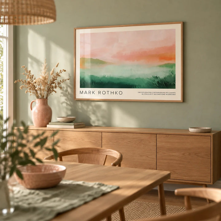 Pastel Colored Wall Art, framed on the wall of a calm dining room with a soft sage wall
