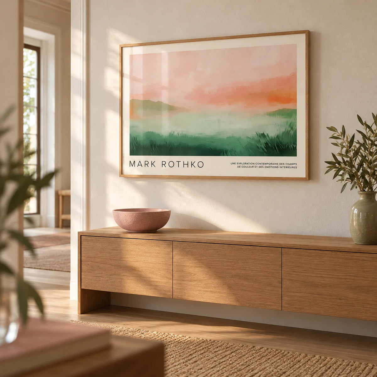 Pastel Colored Wall Art, framed on the wall of a calm hallway with a warm white wall