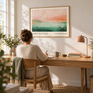 Pastel Colored Wall Art, framed on the wall of a calm home office with a white wall