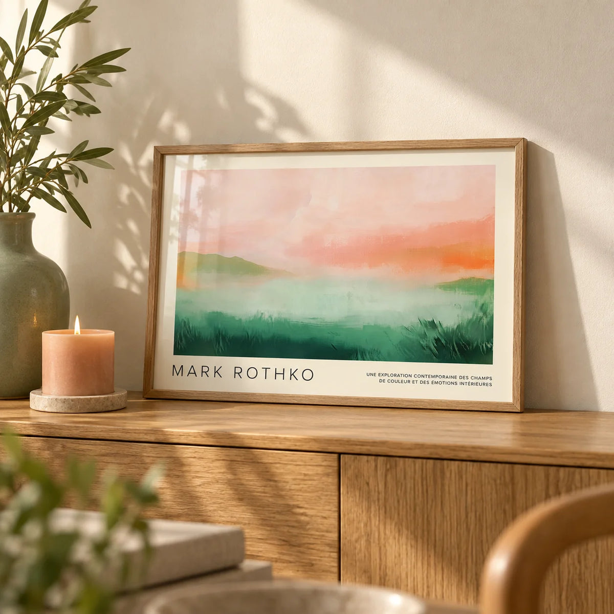 Pastel Colored Wall Art, a small A4 framed print leaning on an oak sideboard in a living room