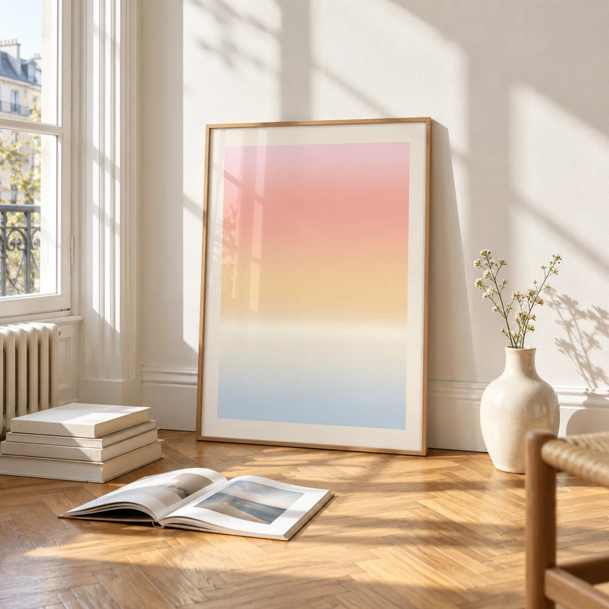 Pastel Pink Print, framed and leaning on the parquet floor of a bright living room