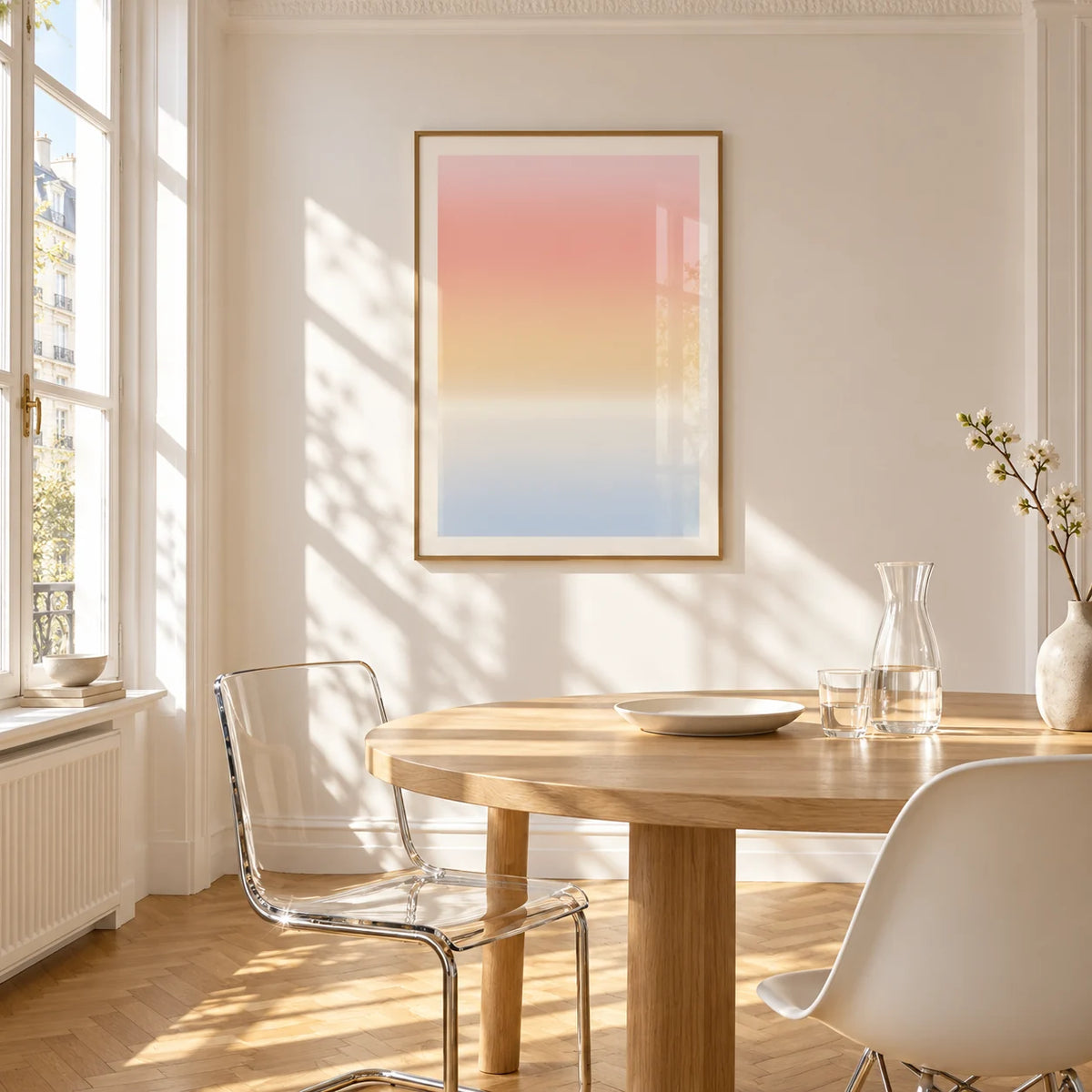 Pastel Pink Print, framed on the wall of a bright dining corner