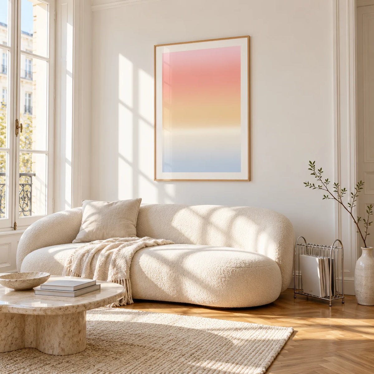 Pastel Pink Print, framed on the wall of a bright living room corner