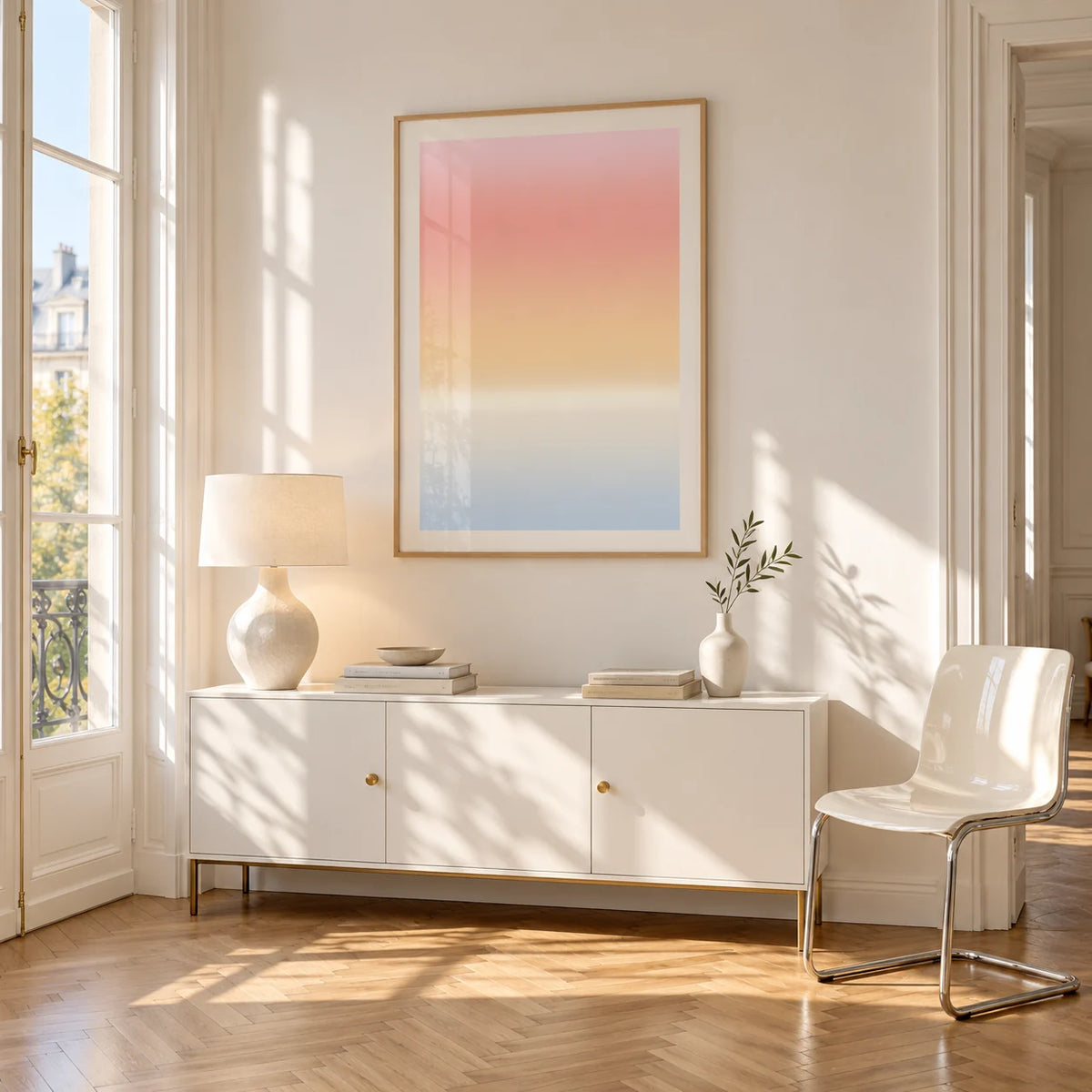 Pastel Pink Print, framed on the wall of a bright Paris style apartment in a living room