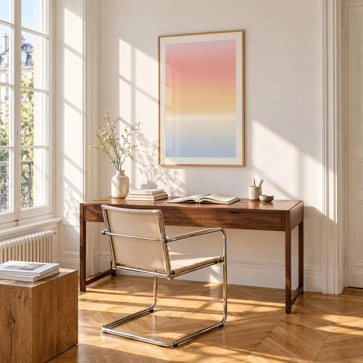 Pastel Pink Print, framed on the wall of a bright study corner with a tall white paned window