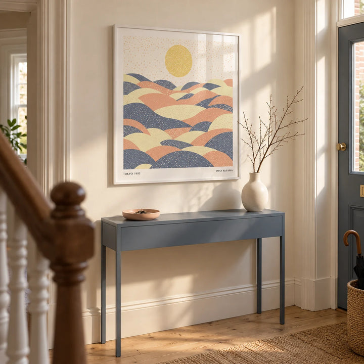Pastel Wall Art, framed on the wall of a bright entrance hallway in a UK Victorian terrace with cream plaster walls and simple oak floorboards