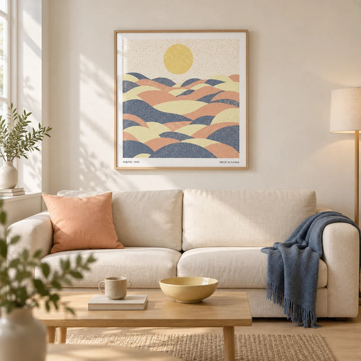 Pastel Wall Art, framed on the wall of a calm contemporary living room in a UK first flat with warm white walls and pale oak floorboards