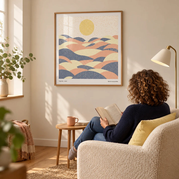 Pastel Wall Art, framed on the wall of a light reading corner in a UK flat with a warm white wall and an oak floor in a living room