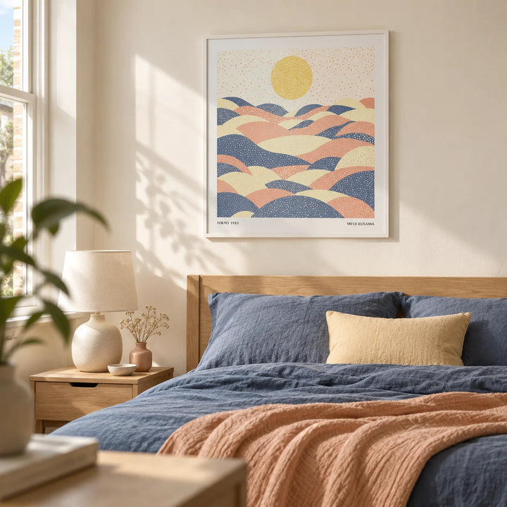 Pastel Wall Art, framed on the wall of a restful bedroom in a modern UK terraced home with a pale cream wall