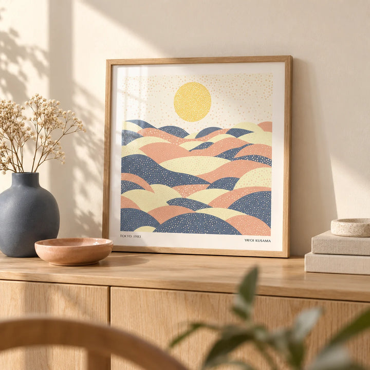 Pastel Wall Art, a small A4 framed print leaning on a pale oak sideboard in a living room