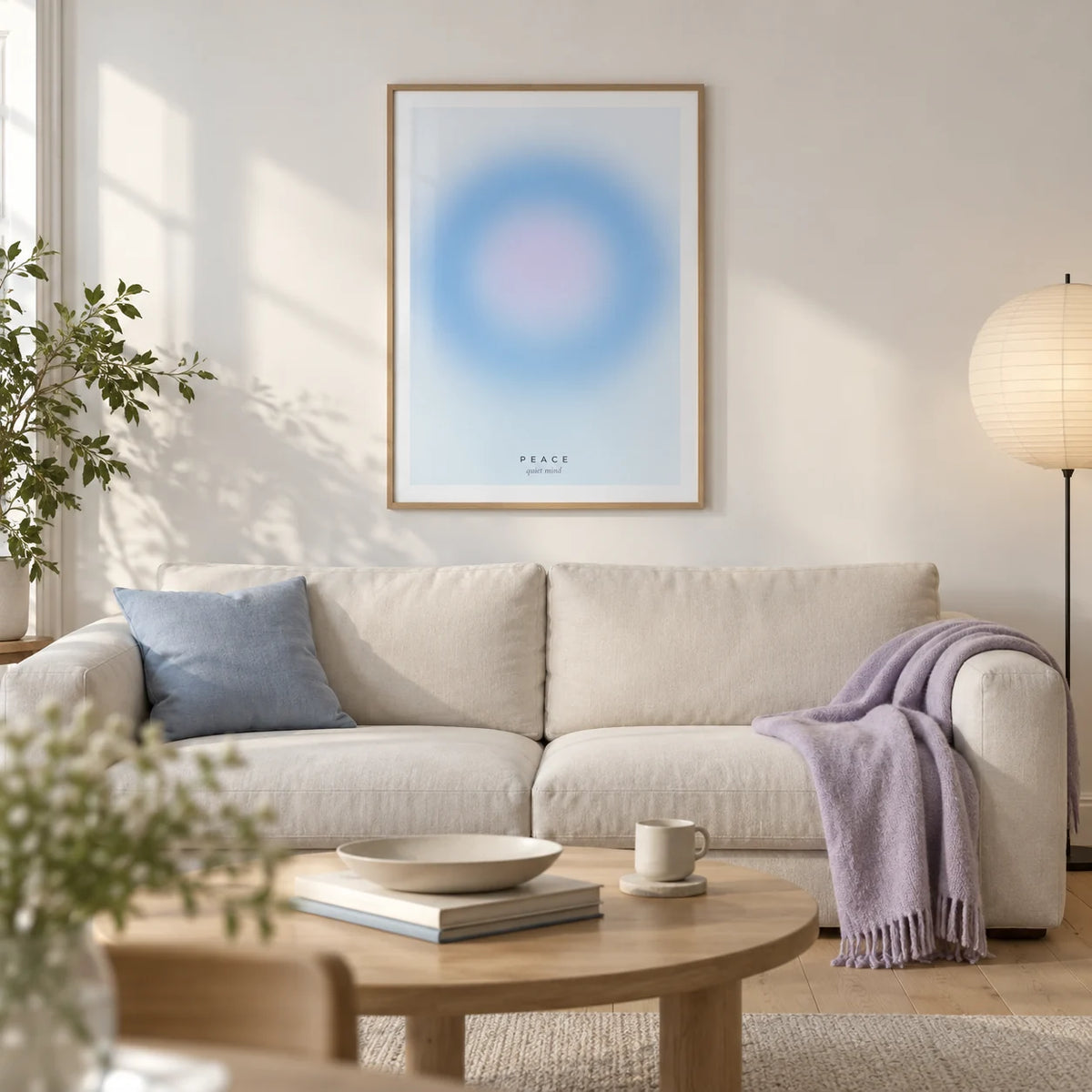 Peace Poster, framed on the wall of a calm contemporary living room in a UK first flat (25-35) with chalk-white walls and pale oak floorboards