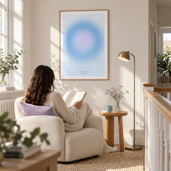 Peace Poster, framed on the wall of a light-filled reading corner on a spacious UK maisonette landing with a warm white wall in a living room