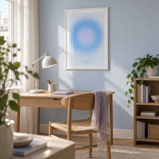 Peace Poster, framed on the wall of a quiet home study in a compact UK flat with a pale blue wall and white cotton curtains