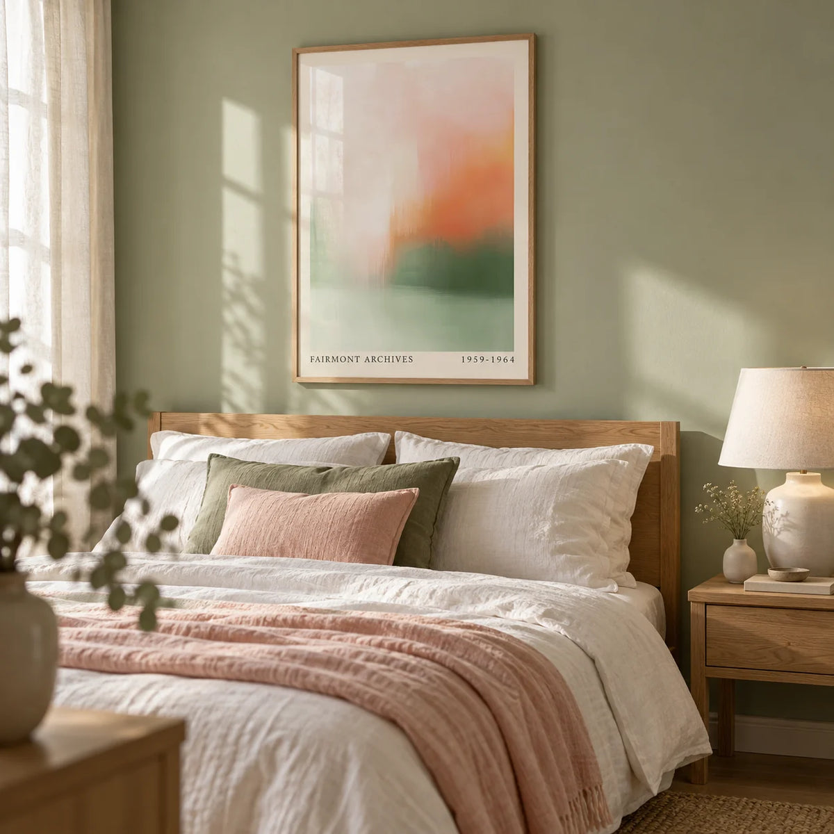 Peaceful Wall Art, framed on the wall of a calm bedroom with a soft sage green painted wall