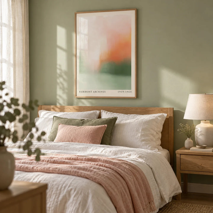 Peaceful Wall Art, framed on the wall of a calm bedroom with a soft sage green painted wall