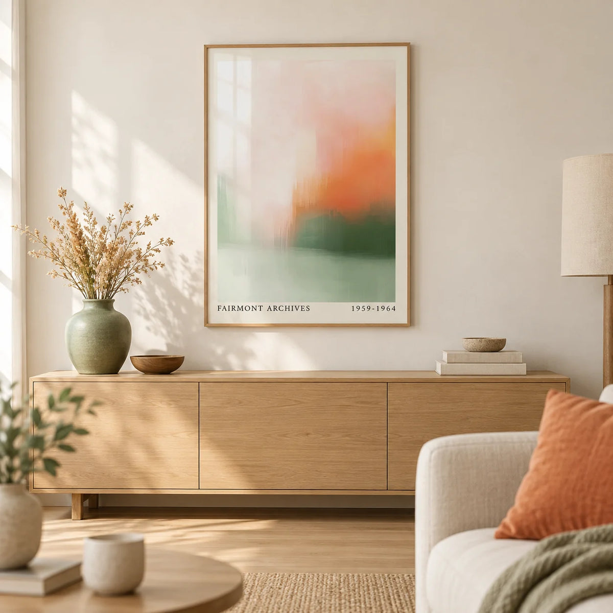Peaceful Wall Art, framed on the wall of a calm Japandi living room with a warm white wall and a pale oak floor