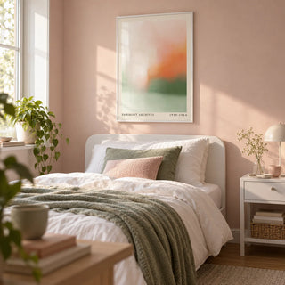 Peaceful Wall Art, framed on the wall of a calm single bedroom for a young adult (18-25) with a pale blush pink wall
