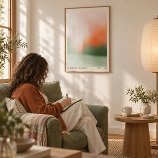 Peaceful Wall Art, framed on the wall of a quiet reading corner with a warm white wall in a living room