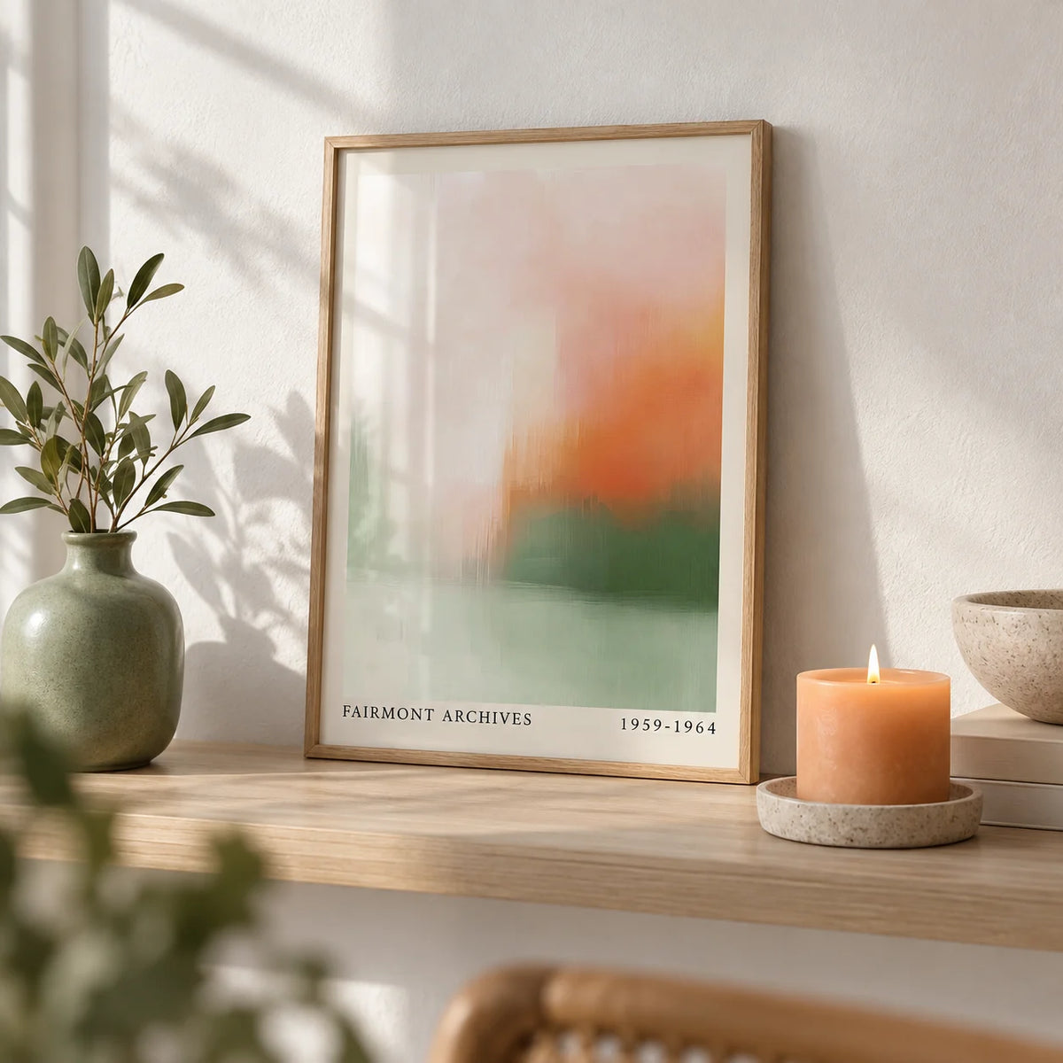 Peaceful Wall Art, a small A4 framed print leaning on a pale oak shelf in a living room