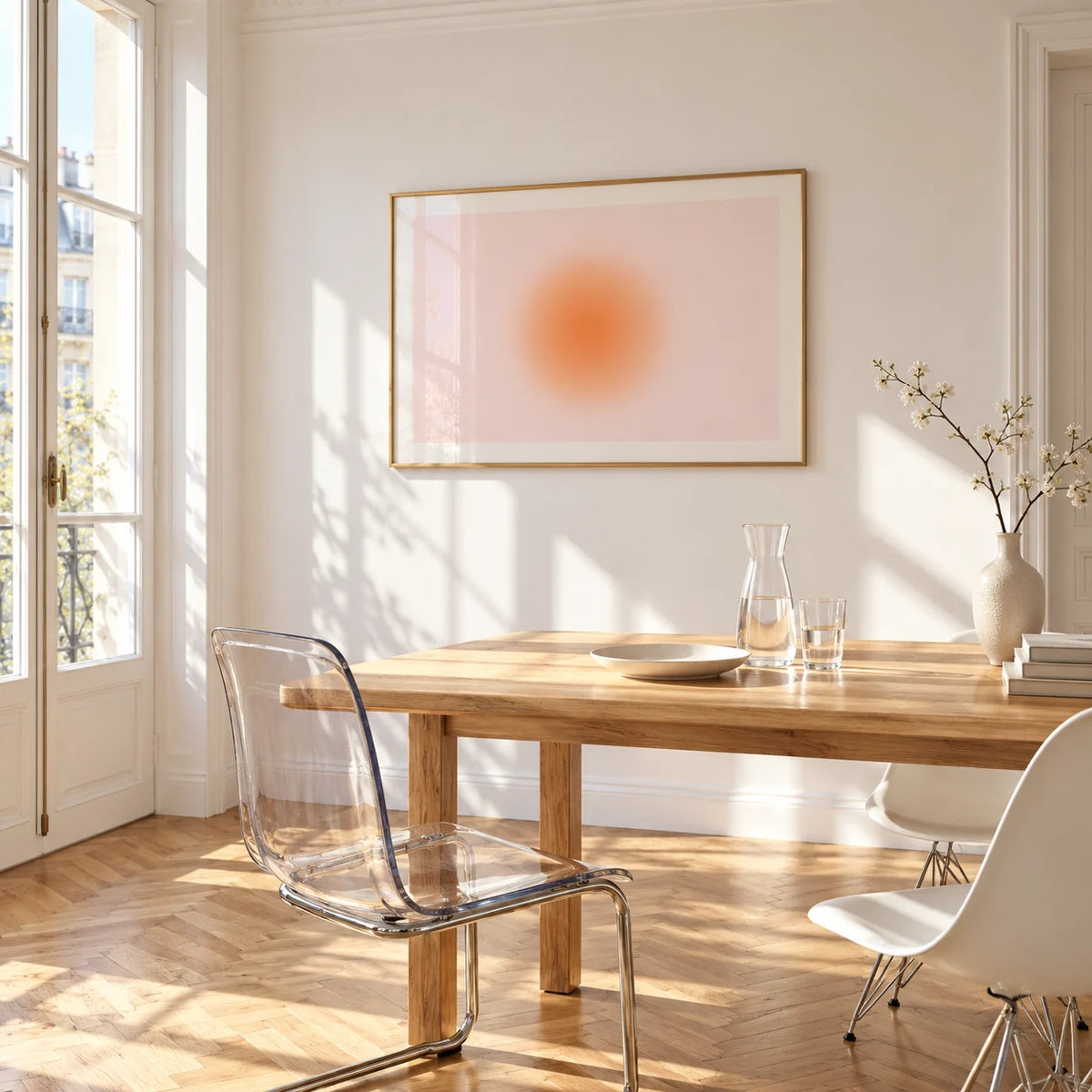 Peach Aura Print, framed on the wall of a bright dining corner