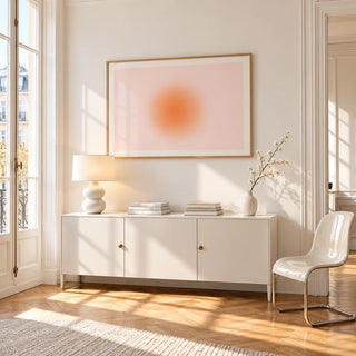 Peach Aura Print, framed on the wall of a bright Paris style apartment in a living room
