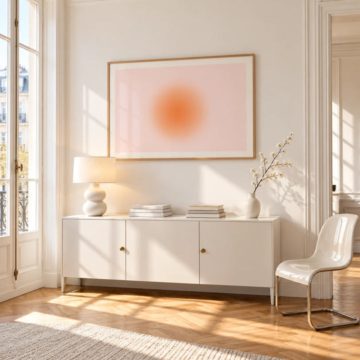 Peach Aura Print, framed on the wall of a bright Paris style apartment in a living room
