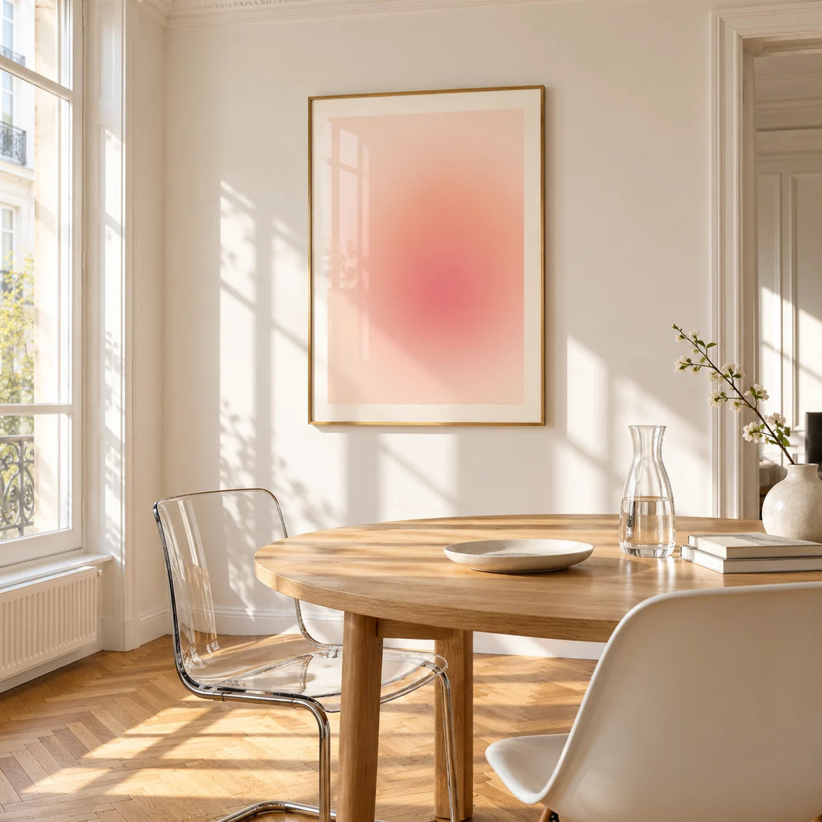 Peach Print, framed on the wall of a bright dining corner