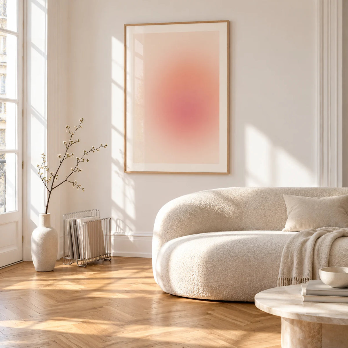 Peach Print, framed on the wall of a bright living room corner
