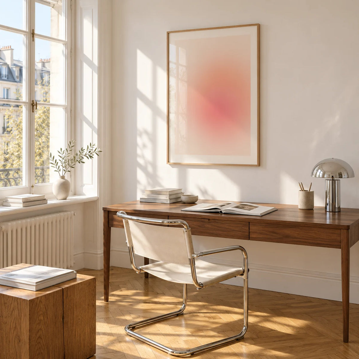 Peach Print, framed on the wall of a bright study corner with a tall white paned window