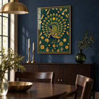 Peacock Art Print, framed on the wall of an elegant dining room with a navy painted wall