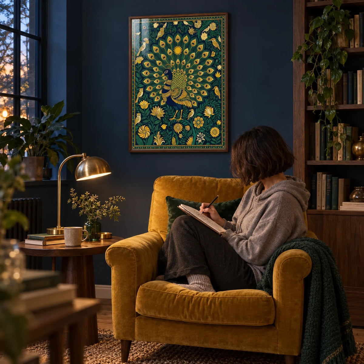 Peacock Art Print, framed on the wall of a home library corner with a navy painted wall in a living room