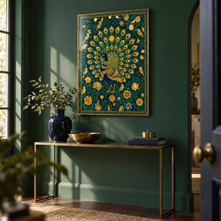 Peacock Art Print, framed on the wall of a jewel-toned hallway with a forest green painted wall