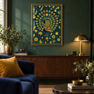 Peacock Art Print, framed on the wall of a rich living room with a deep forest green painted wall