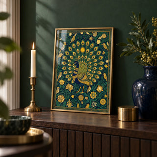 Peacock Art Print, a small A4 framed print leaning on a dark wood side table in a hallway