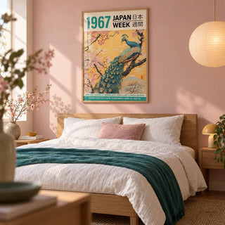 Peacock Wall Art for Living Room, framed on the wall of a calm modern bedroom with a blush pink painted wall