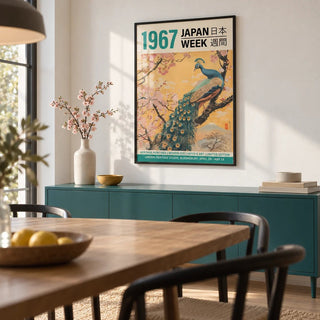 Peacock Wall Art for Living Room, framed on the wall of a modern dining room