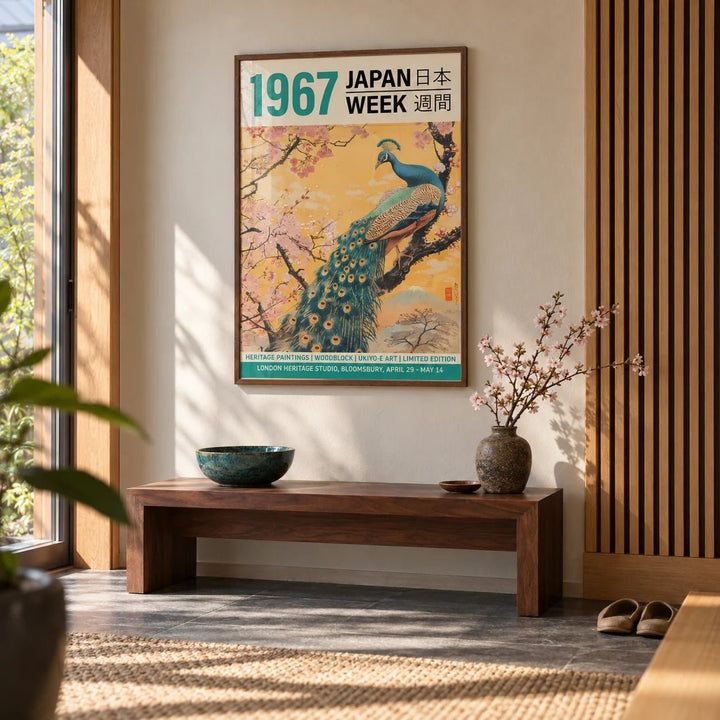 Peacock Wall Art for Living Room, framed on the wall of a modern Japanese-style entryway with a slatted oak wall panel beside it