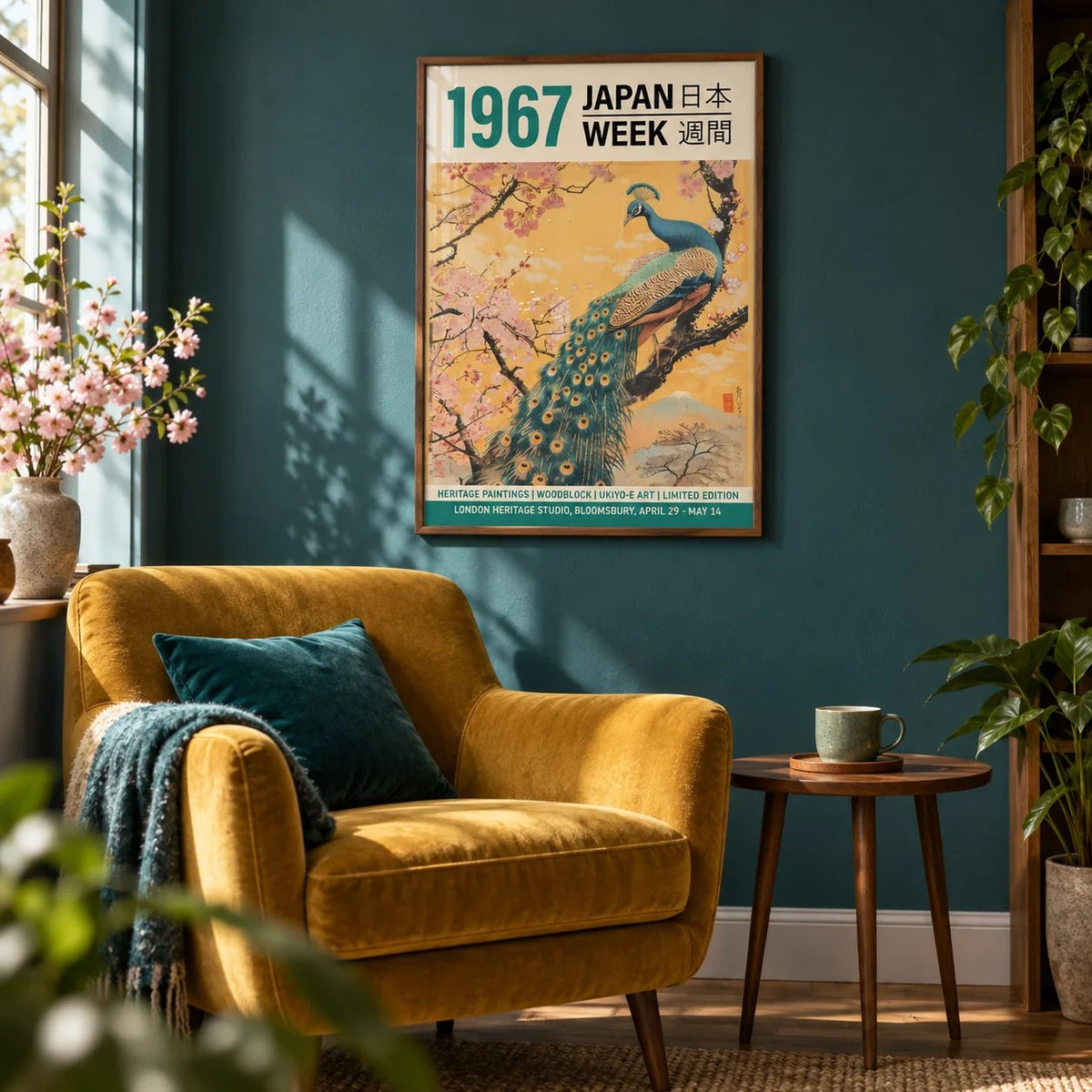 Peacock Wall Art for Living Room, framed on the wall of a reading corner with a deep teal painted wall