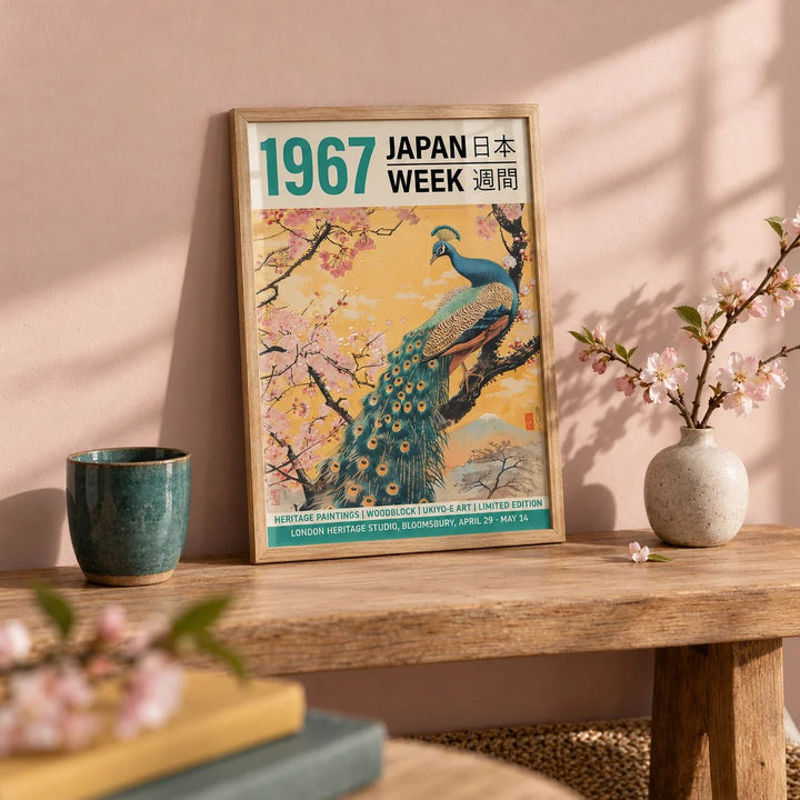 Peacock Wall Art for Living Room, a small A4 framed print leaning on a low oak bench