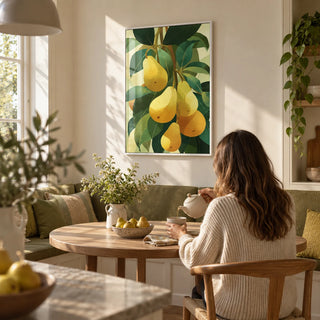 Pear Wall Art, framed on the wall of a breakfast nook in a kitchen