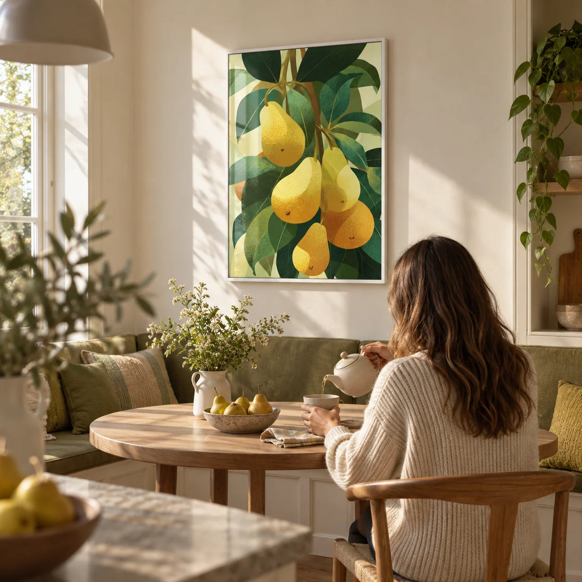 Pear Wall Art, framed on the wall of a breakfast nook in a kitchen