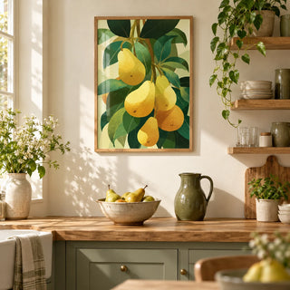 Pear Wall Art, framed on the wall of a bright country kitchen with plain cream walls